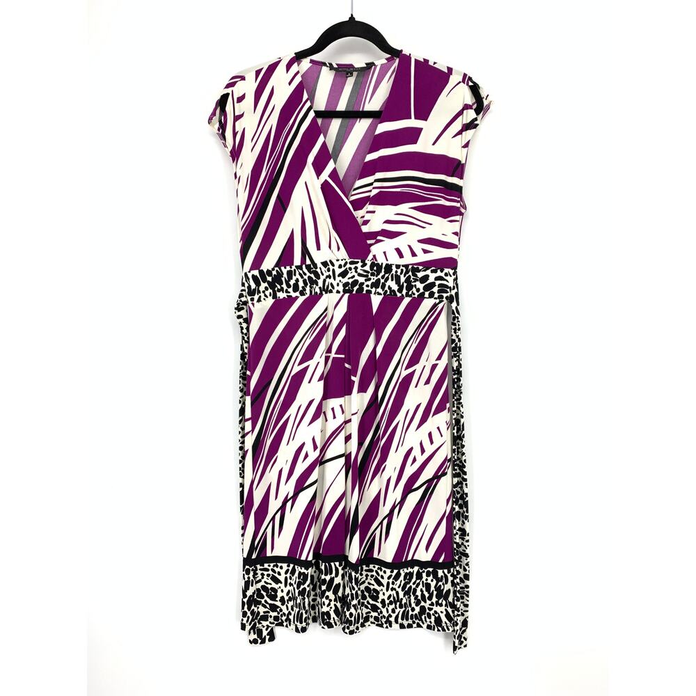 Nine West Cap Sleeve Dress Womens Size 8 Purple Black White Tie Back Waist